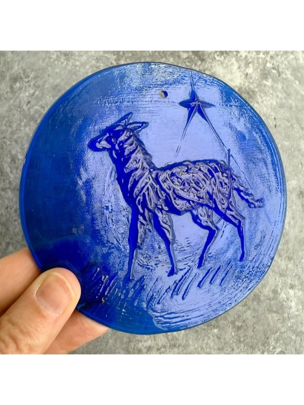 Vintage Cobalt Blue Round Glass Sun Catcher Embossed Llama Goat Sheep 4.5”